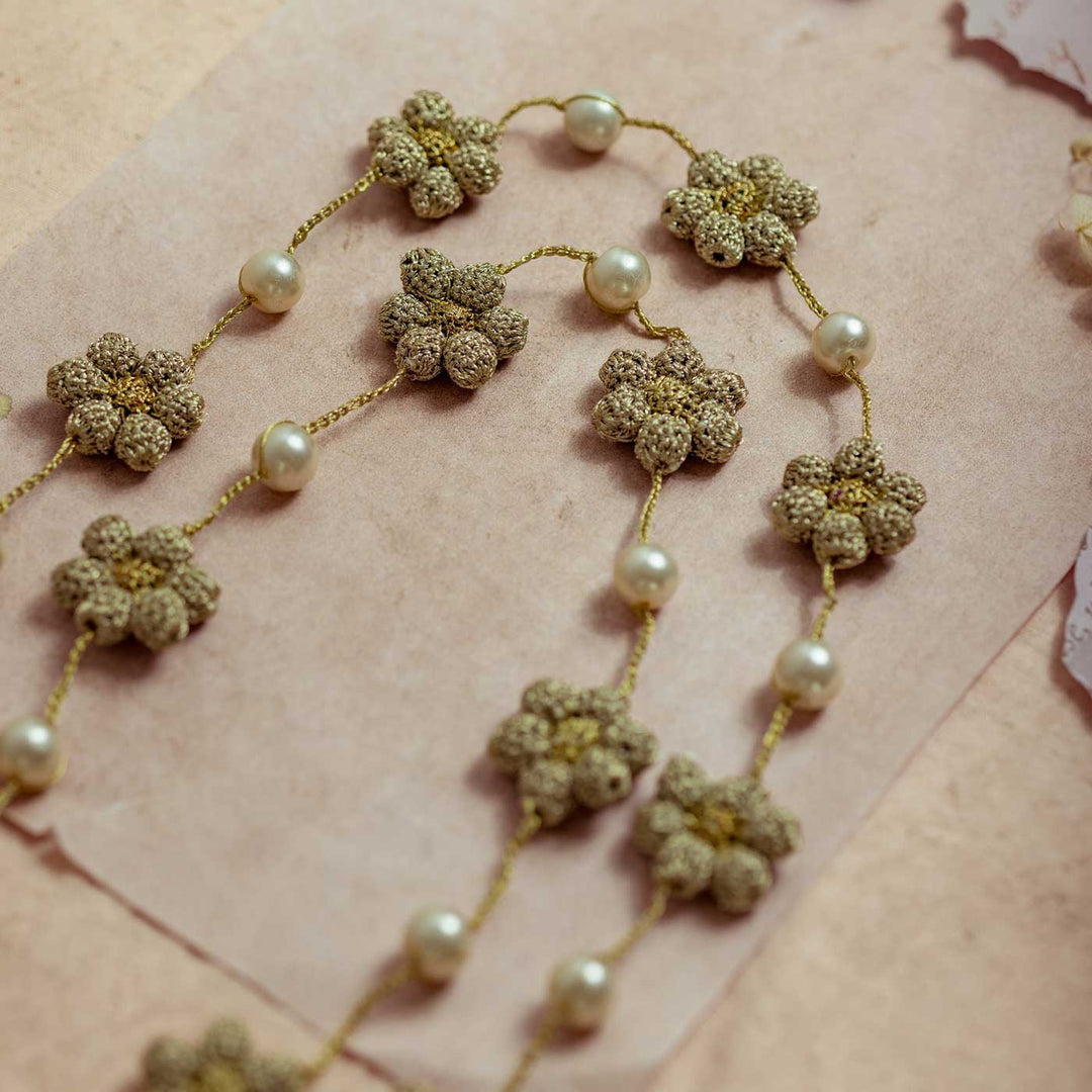 Handmade Crochet Gold Gulnaar Daisy Pearl String Necklace