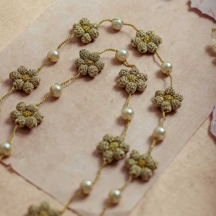 Handmade Crochet Gold Gulnaar Daisy Pearl String Necklace