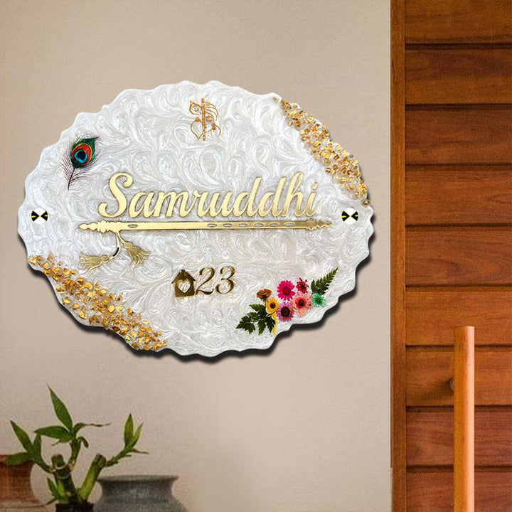 Personalized White Floral Theme Oval Resin And Acrylic Waterproof Name Plate - Mounted on Wall Close-up