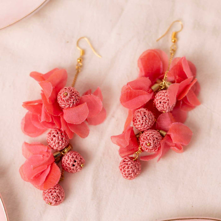 Handmade Crochet Pink Drops Viscose Thread Swing Earrings