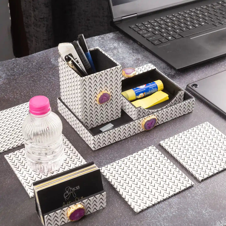 Black And White Cotton Fabric Coated MDF Desk Organiser Set With Agate Accents