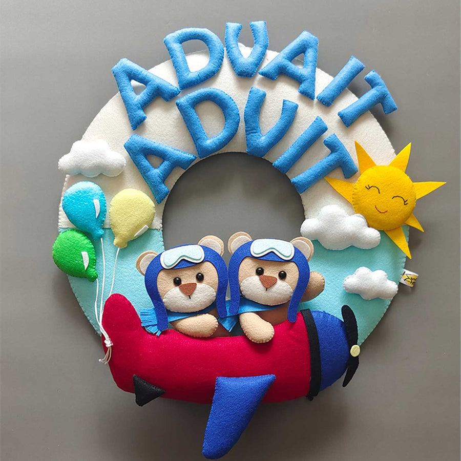 Personalized Teddy On Plane Theme Felt Kids Name Plate For Siblings - Front view with name personalization