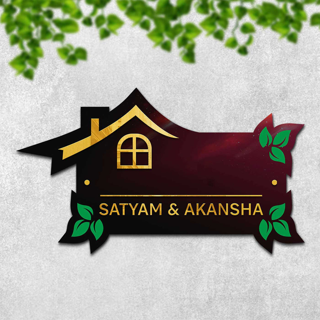 Personalized Golden Home Mdf Wood Name Plate - Mounted on Wall Close-up