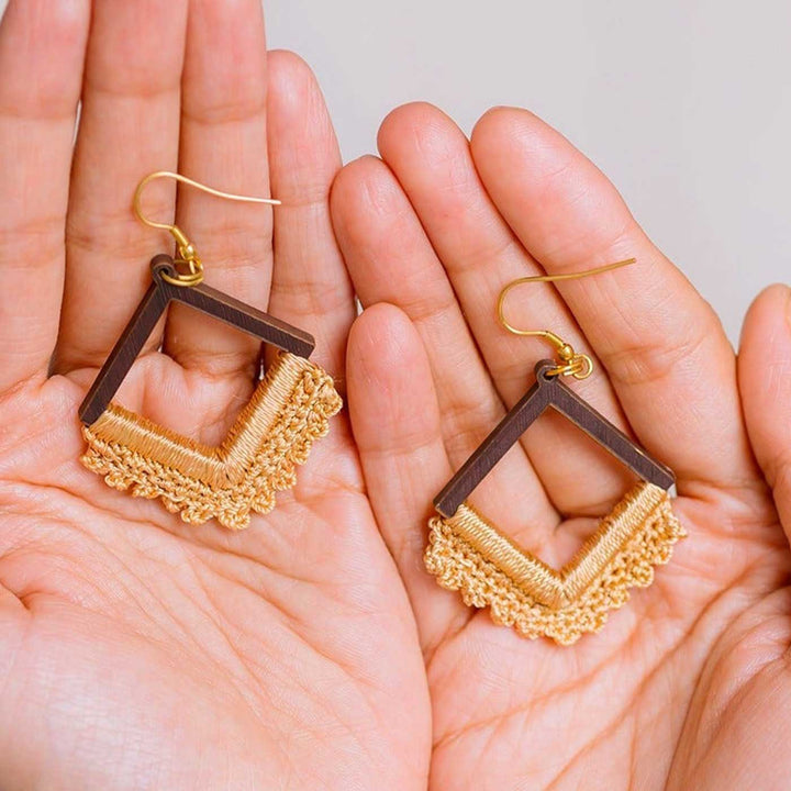 Handmade Crochet Beige Square Loop Earrings
