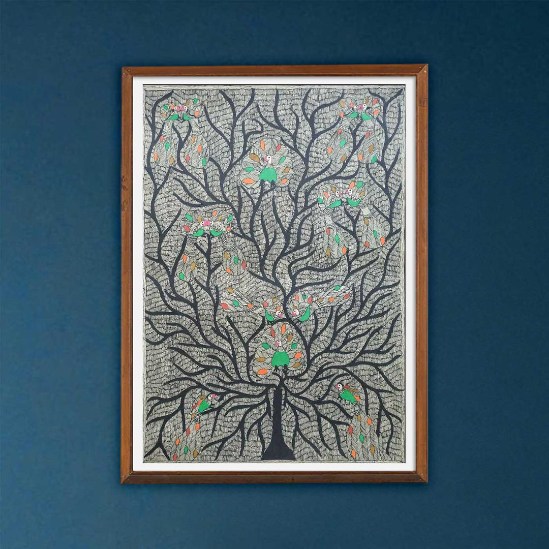22 x 30 Inch | Peacock Tree | Original Hand Painted Madhubani Painting | Natural Pigments On Paper