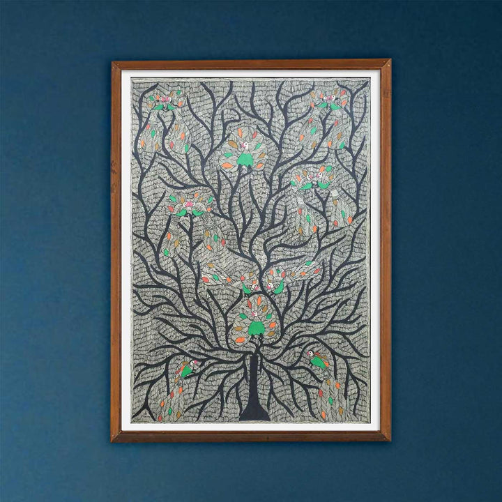 22 x 30 Inch | Peacock Tree | Original Hand Painted Madhubani Painting | Natural Pigments On Paper