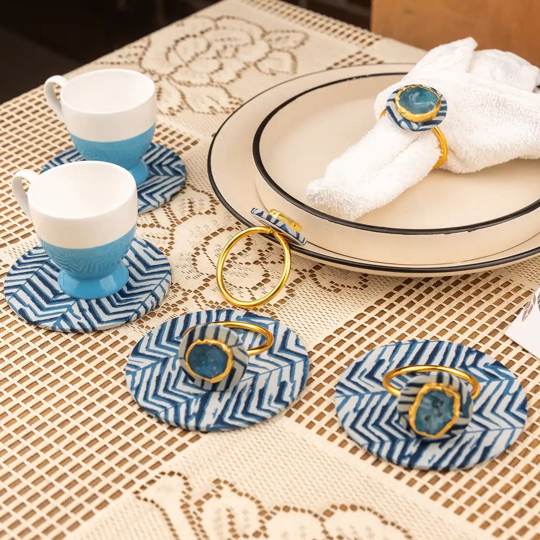 Blue Cotton Fabric Coated MDF Napkin Ring & Coaster Set With Agate Accent Table Style | Set of 4