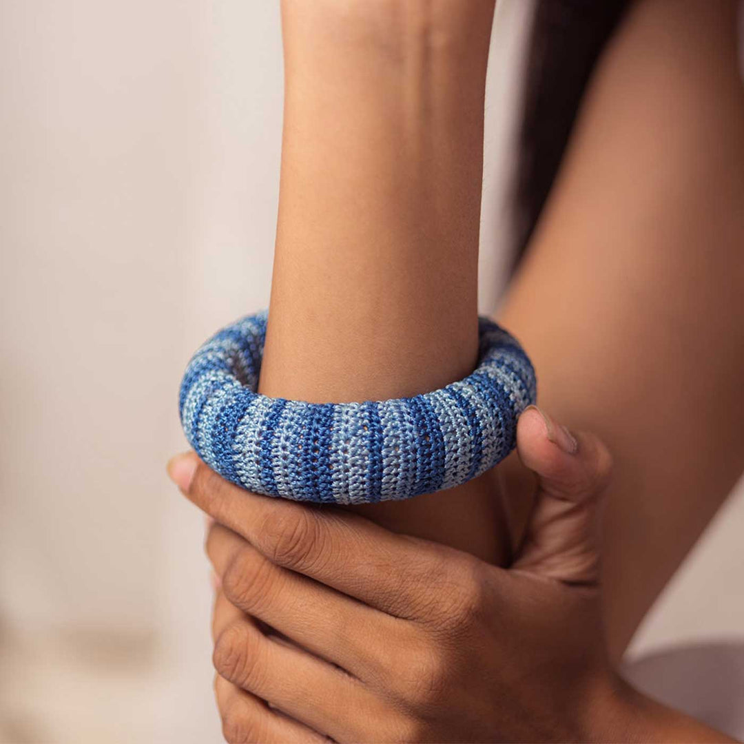Handmade Crochet Rangat Blue Striped Chunky Bangle