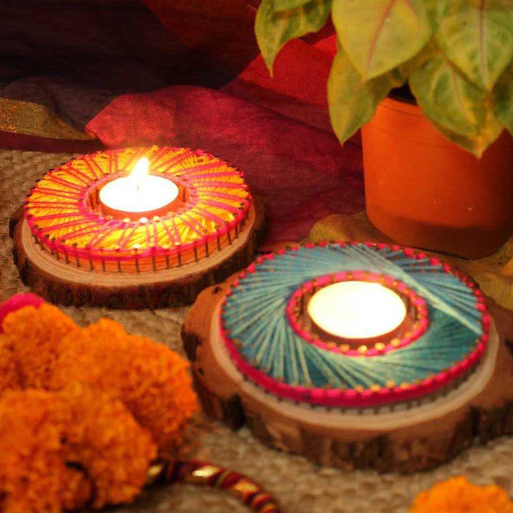 Handmade String Art Pink And Teal Flower Design Mdf Wood Tealight Holder | Set Of 2