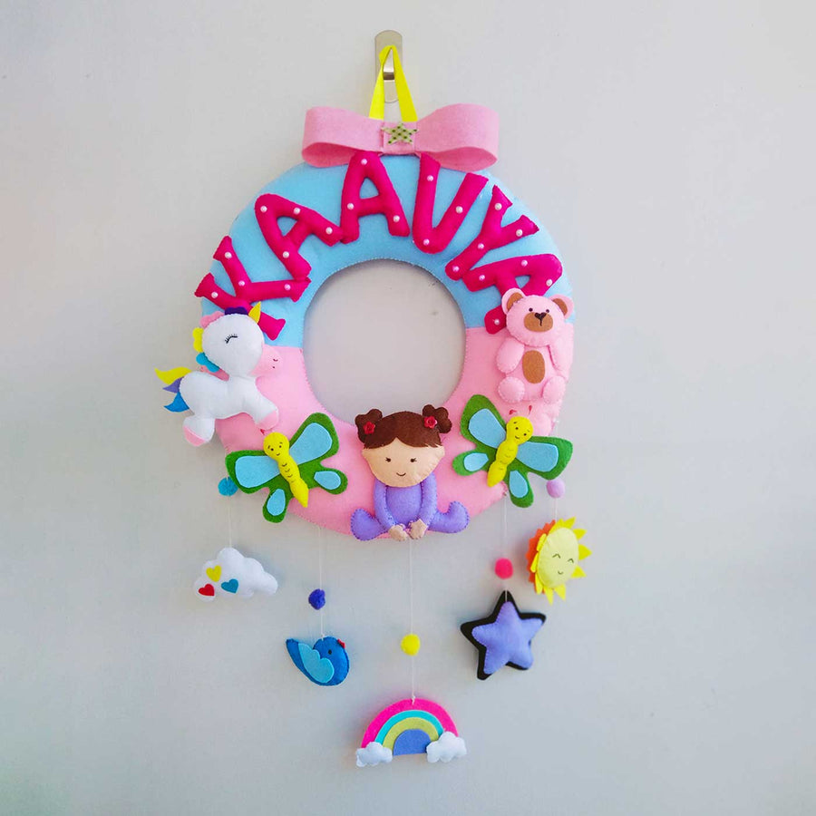 Personalized Dreamy Girl Theme Felt Kids Name Plate - Front View Hanging on Wall