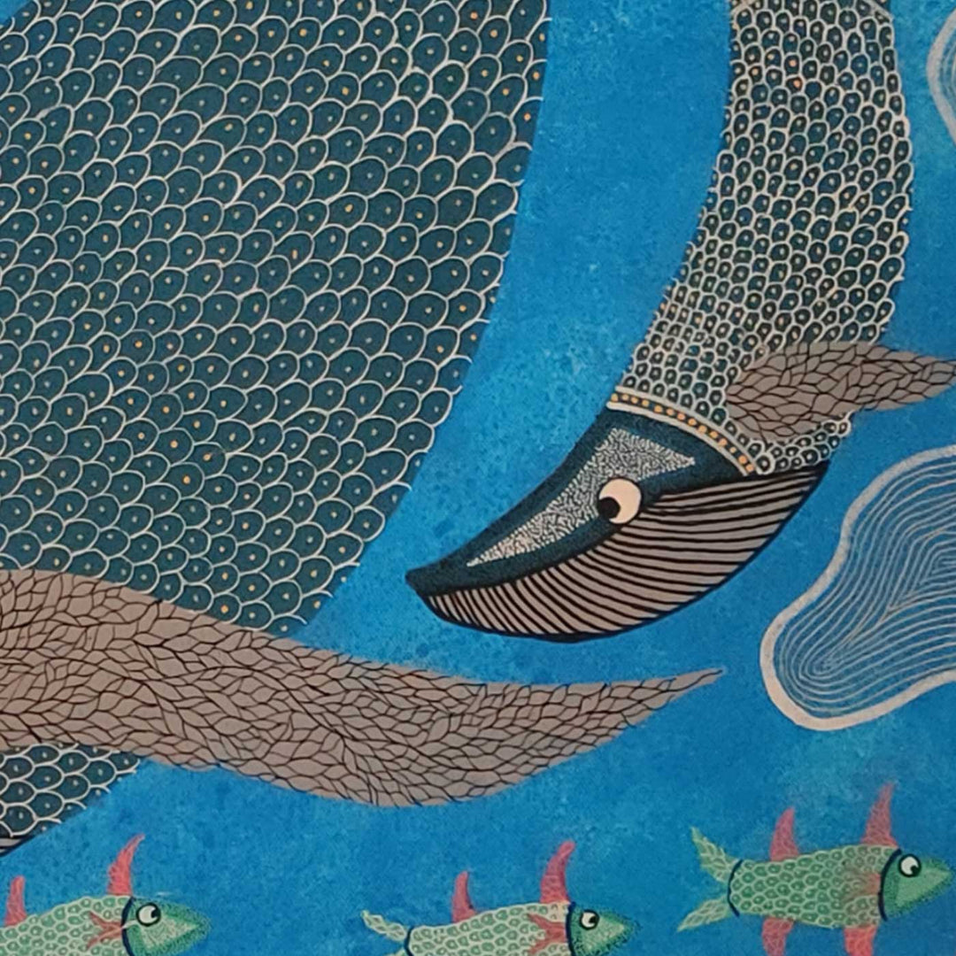 36 x 36 Inch | Mother & Calf Whale Deep Sea Bond | Original Hand Painted Tribal Gond Art Painting | Acrylic Paints On Canvas