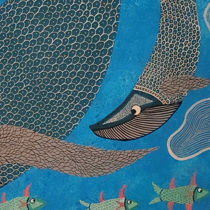36 x 36 Inch | Mother & Calf Whale Deep Sea Bond | Original Hand Painted Tribal Gond Art Painting | Acrylic Paints On Canvas