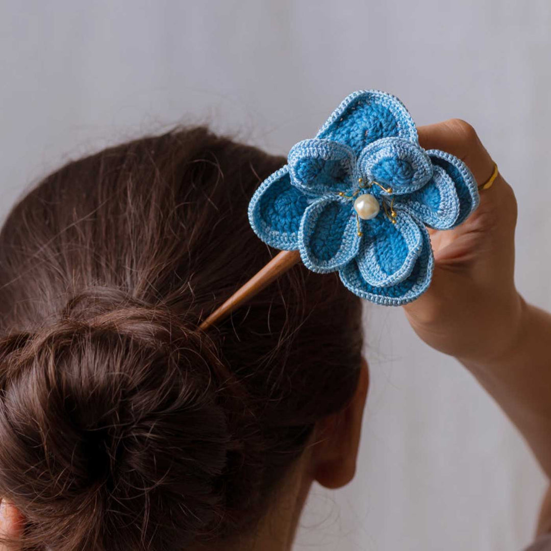 Handmade Crochet Blue Lotus Design Hairstick