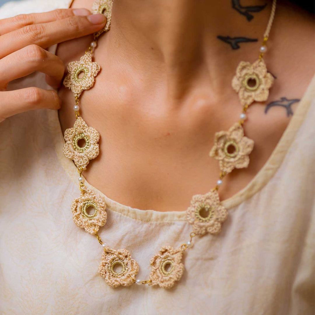 Handmade Crochet Beige Ornate Flower Necklace