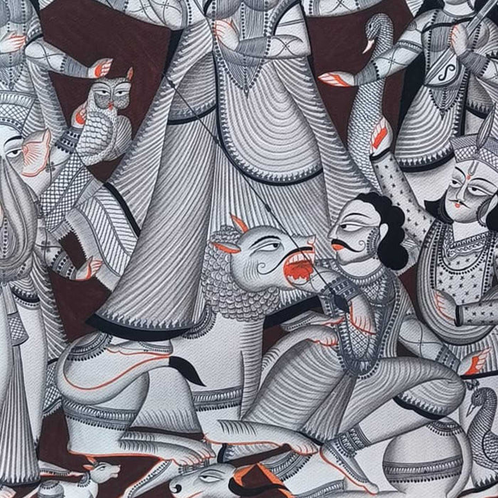 30 x 22 Inch | Durga Puja Themed | Original Hand Painted Kalighat Painting | Natural Pigment On Paper