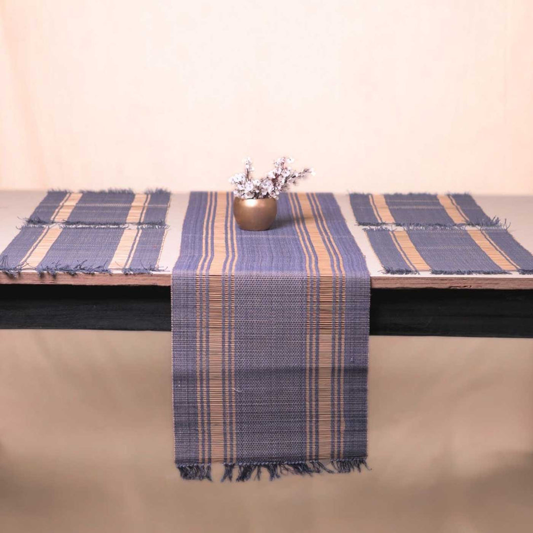 Hand Woven Double Striped Blue Madhurkati Table Runner & Table Mat