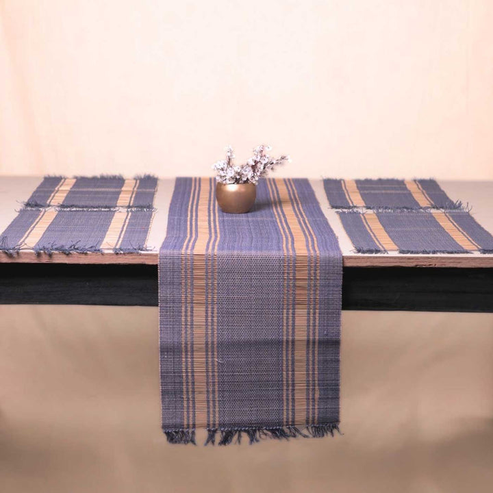 Hand Woven Double Striped Blue Madhurkati Table Runner & Table Mat