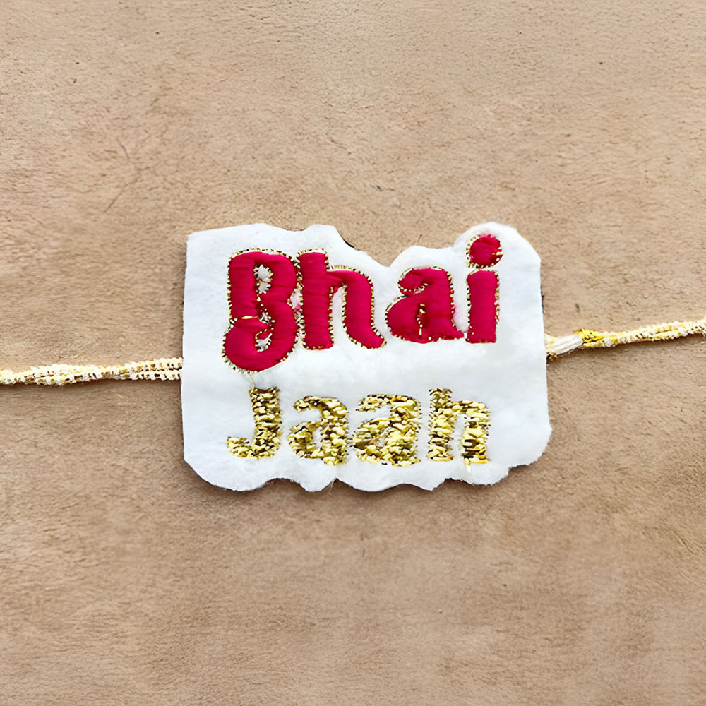 Handmade Reusable Bhai Jaan Felt Rakhi For Brother - Close-up Embroidery Detail