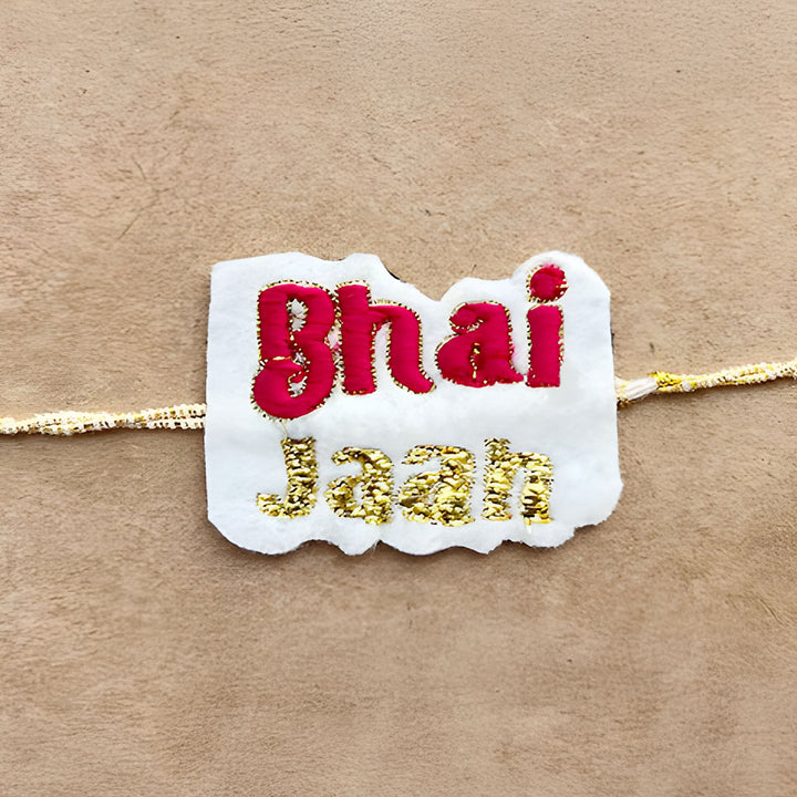 Handmade Reusable Bhai Jaan Felt Rakhi For Brother - Close-up Embroidery Detail