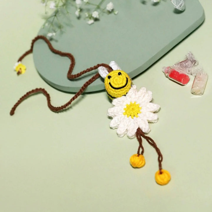 Handmade Crochet Honeybee Kids Lumba Rakhi For Girls With Roli Chawal - Angled Top View