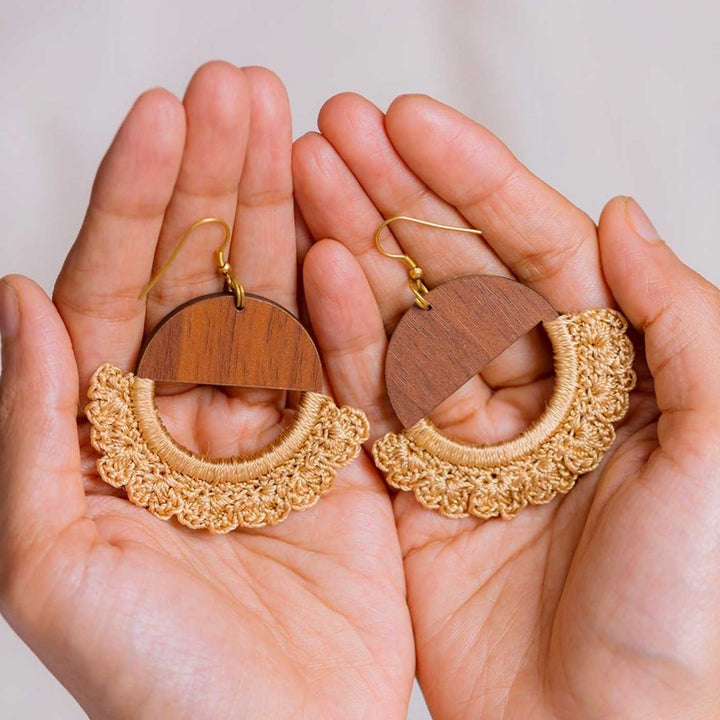 Handmade Beige Crescent Moon Design Earrings