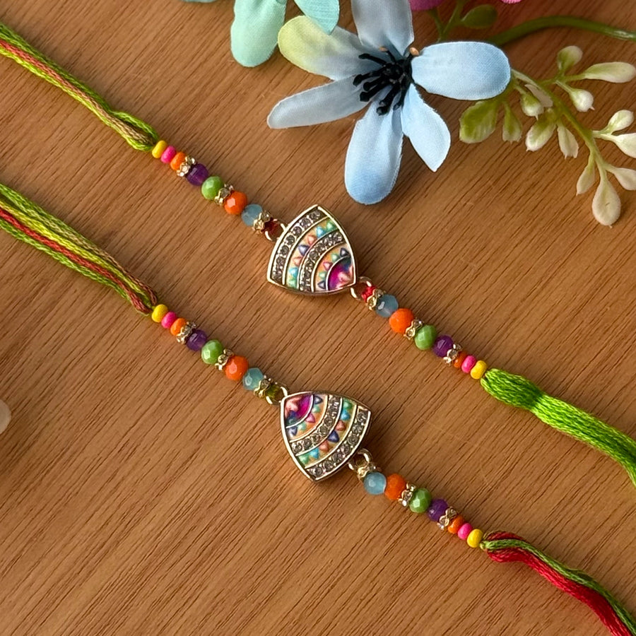 Handmade Quirky Beaded Rakhi With Roli Chawal - Top View of Two Rakhis