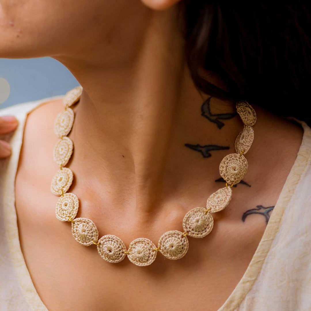 Handmade Crochet Beige Ornate Tikki Necklace