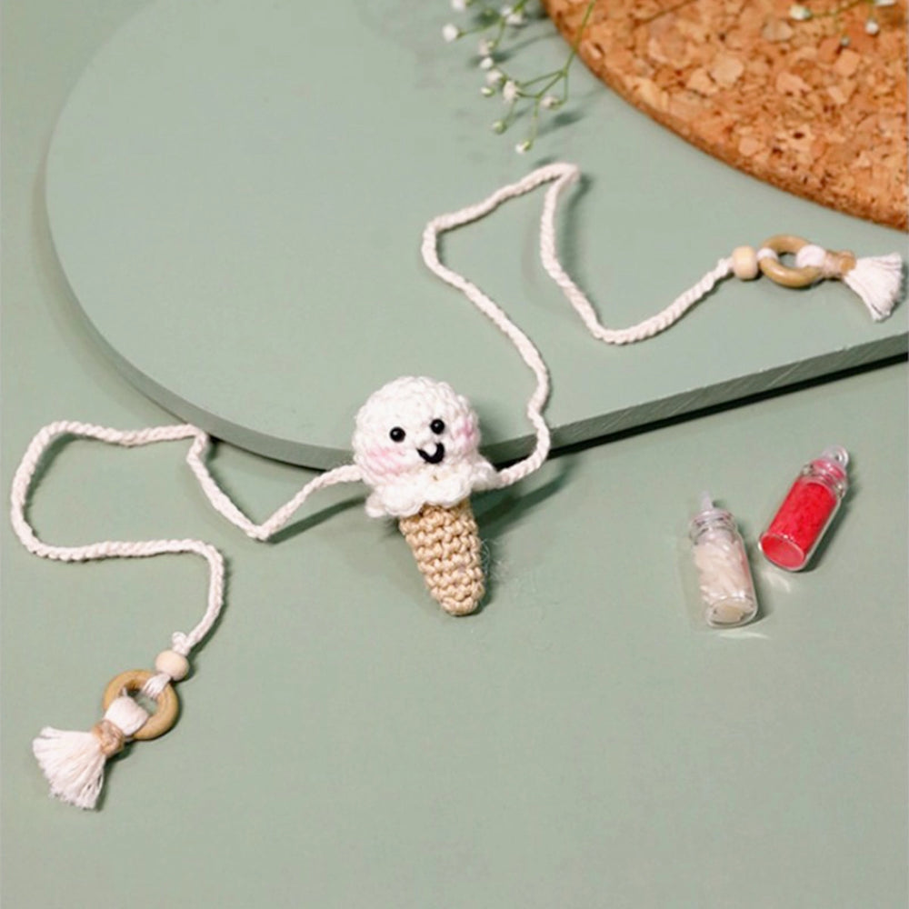Handmade Crochet Single Scoop Kids Rakhi With Roli Chawal - White Ice Cream Necklace Front View