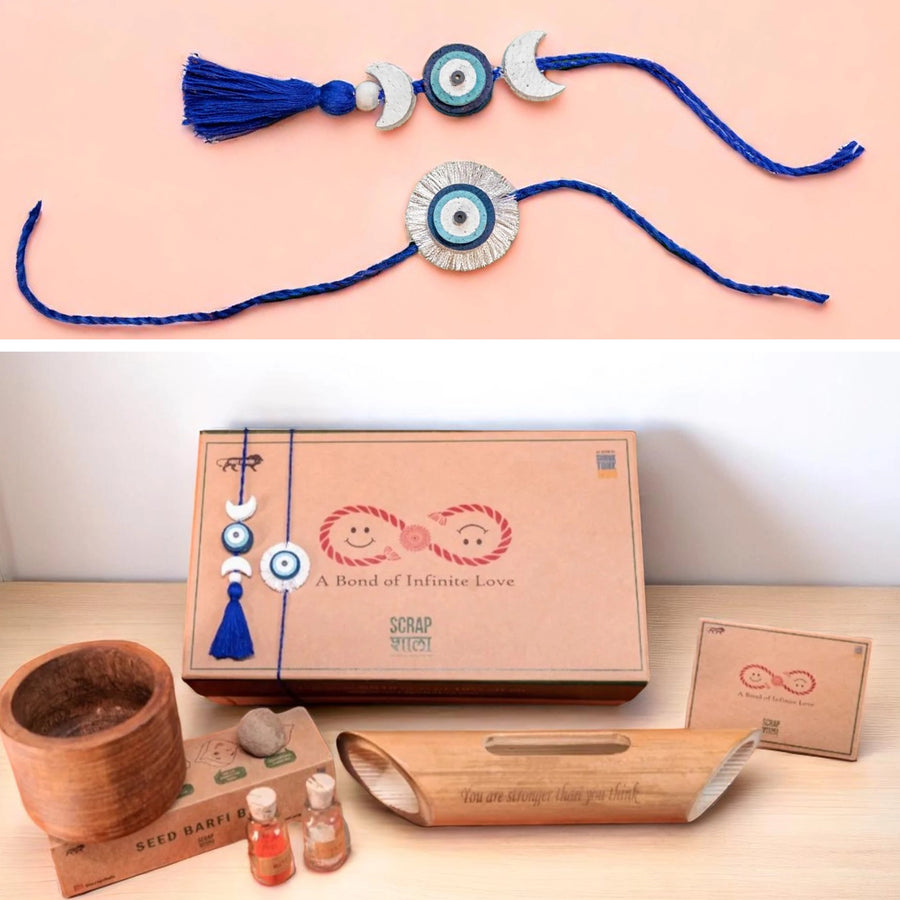 Nazarbattu Plantable Handmade Cork Rakhi Hamper With Roli Chawal - Close-up of two patterned bracelets