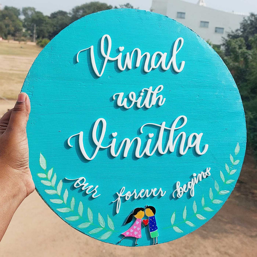 Personalized Blue Round Pine Wood Name Plate - Handheld Front View Showing Personalization