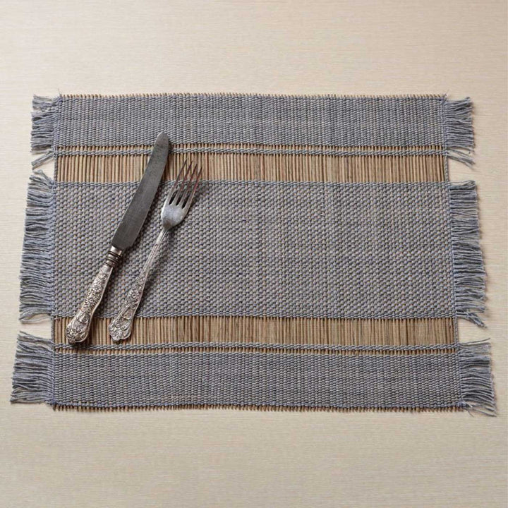 Hand Woven Double Striped Madhurkati Grey Table Mat | 15 x 11 inch