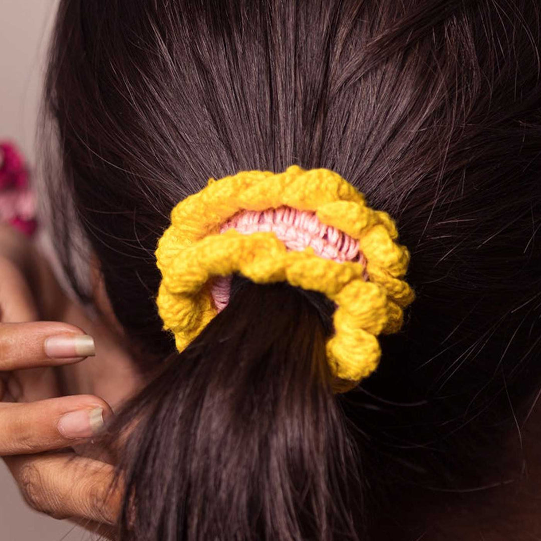 Handmade Crochet Guncha Yellow Pink Foliage Bloom Scrunchie | Set Of 2