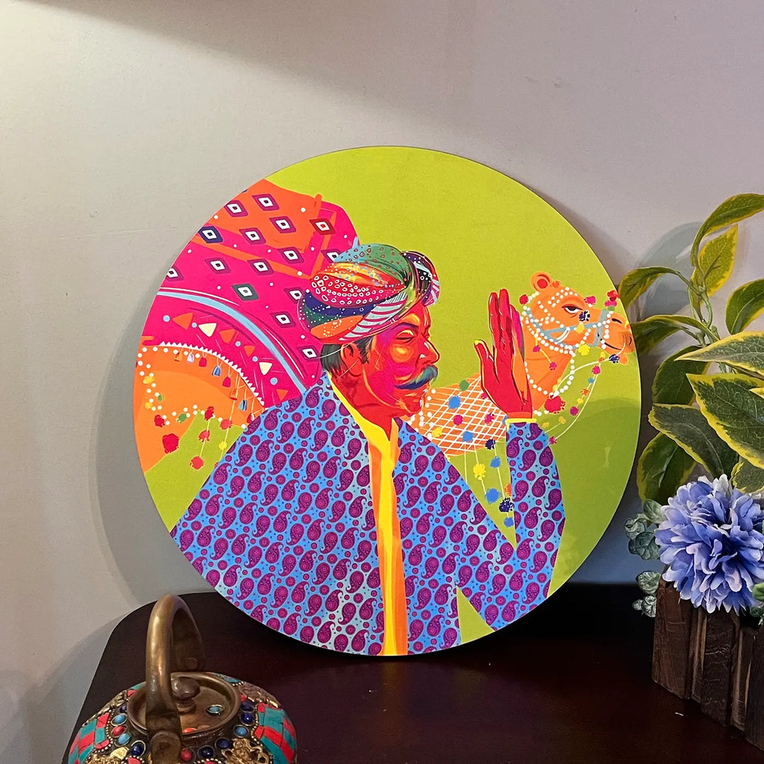 Printed Round Rajasthani Singer Theme MDF Wood Wall Decor