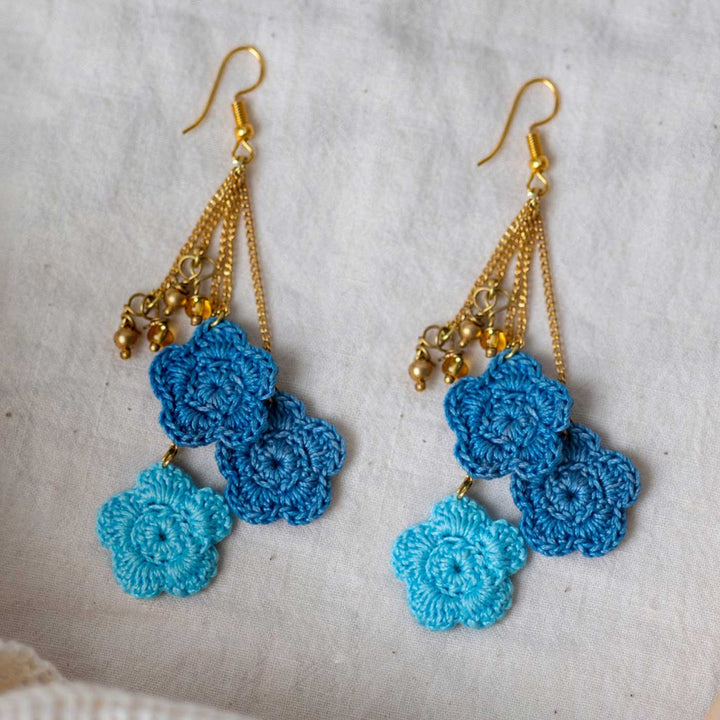 Handmade Crochet Blue Poppies Viscose Thread Swing Earrings