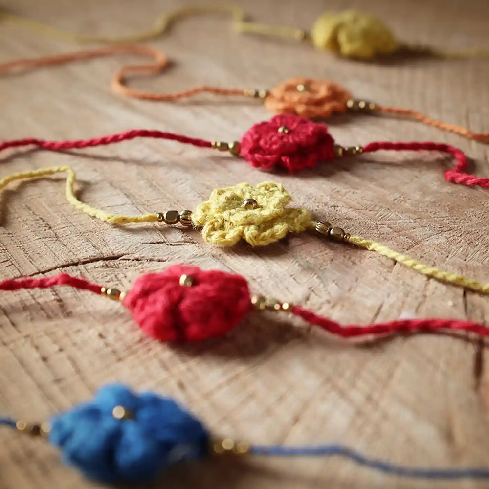 Handmade Crochet Moti Flower Rakhi With Roli Chawal Set Of 6 - Close-up of Crochet Flower Detail