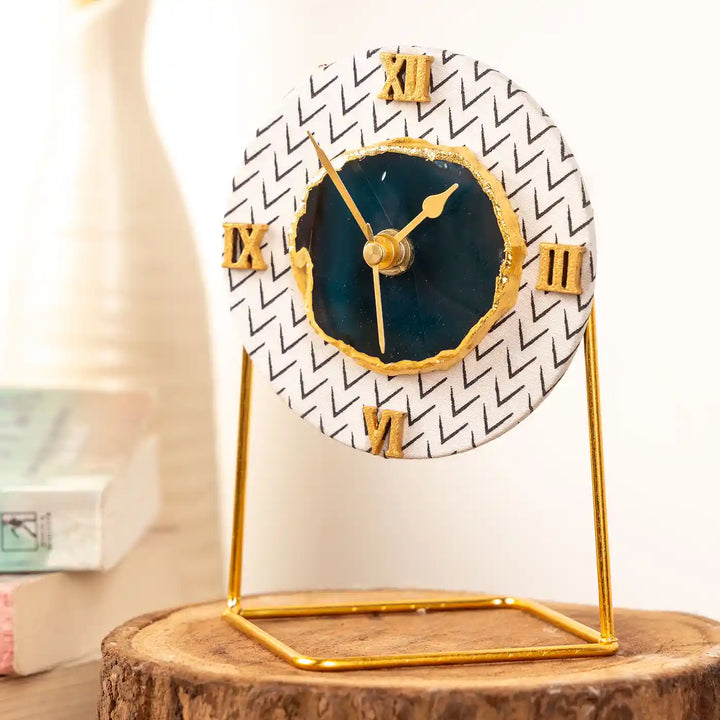 Black And White Round Fabric Coated MDF Desk Clock With Agate Elegant | 6 x 4 x 3.5 inch