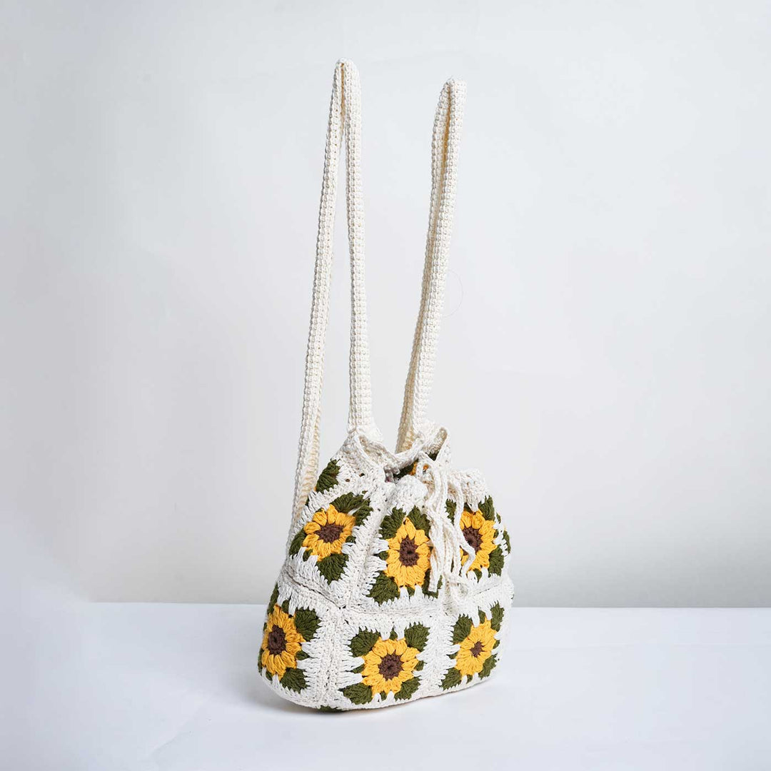 Handmade Crochet Sunflower Design White Cotton Backpack
