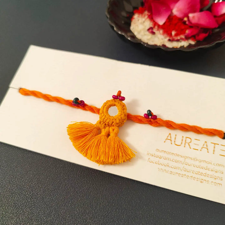 Handmade Mirror Work & Tassels Rakhi With Roli Chawal
