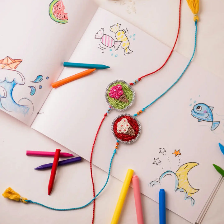 Handmade Crochet Ice Cream Theme Kids Rakhi With Roli Chawal Set Of 2 - Rakhi Bracelets with Crayons and Drawings