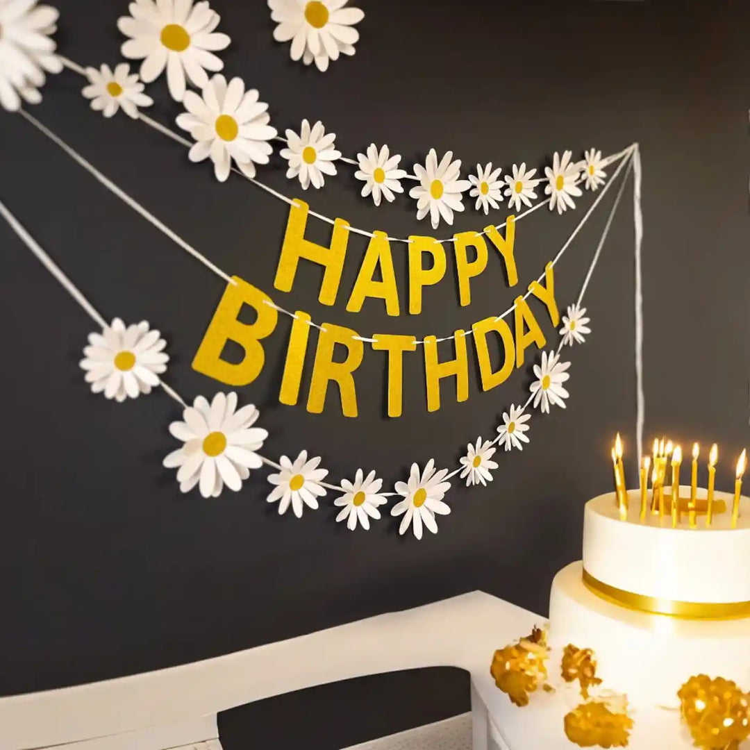 White Daisy Design Golden Paper Bunting