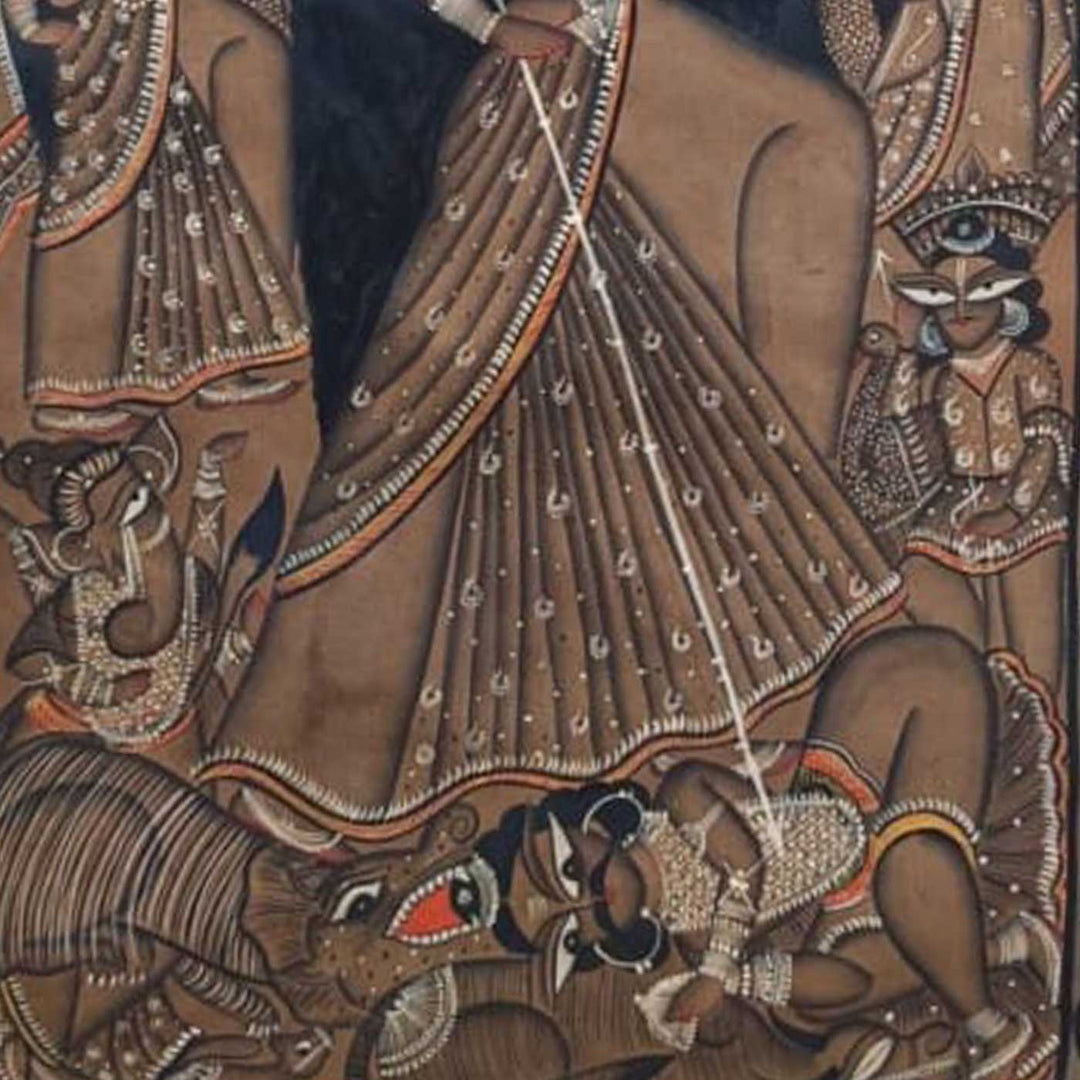 29 x 48 Inch | Maa Durga With Ten Arms | Original Hand Painted Kalighat Painting | Natural Pigment On Paper