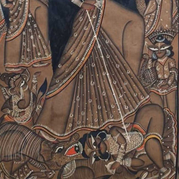 29 x 48 Inch | Maa Durga With Ten Arms | Original Hand Painted Kalighat Painting | Natural Pigment On Paper