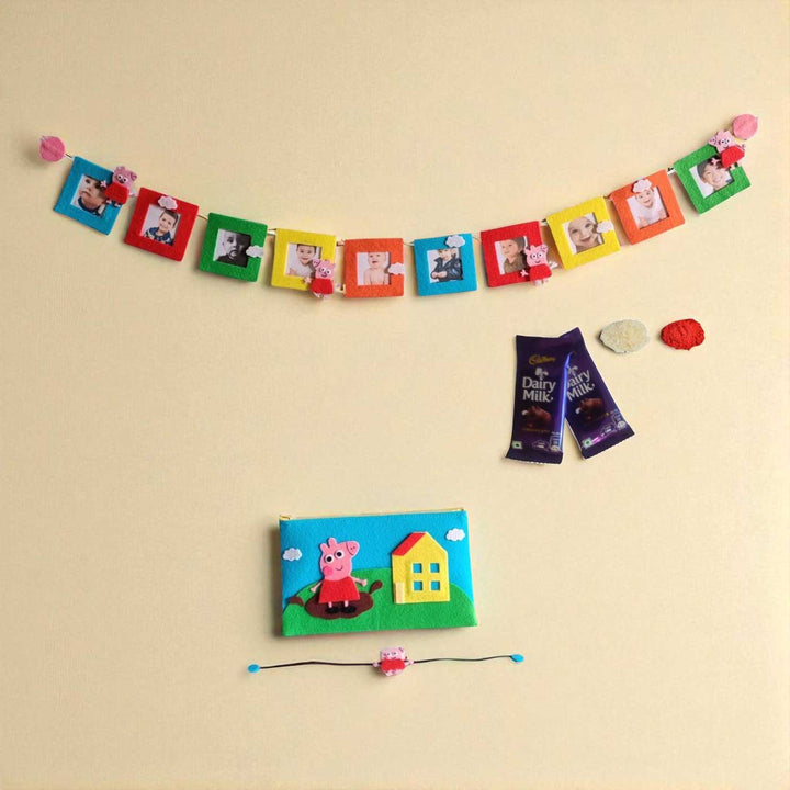 Handmade Peppa Pig Theme Felt Rakhi And Gift Combo Includes 1 Rakhi 1 Photo Bunting And 1 Pouch - Wall Hung Display