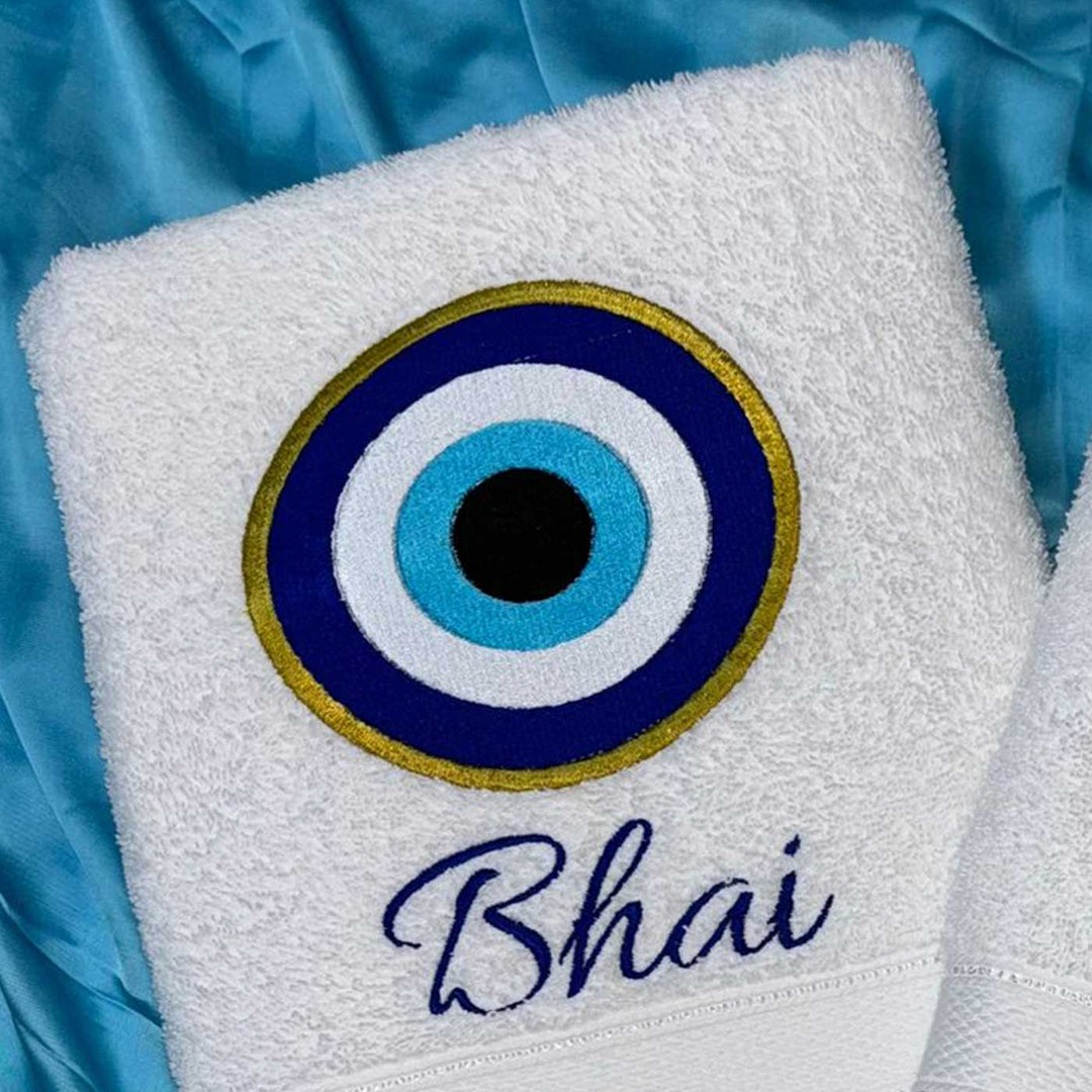 Personalized Embroidered Evil Eye Theme Cotton Bath Towel For Bhaiya And Bhabhi | Set Of 2