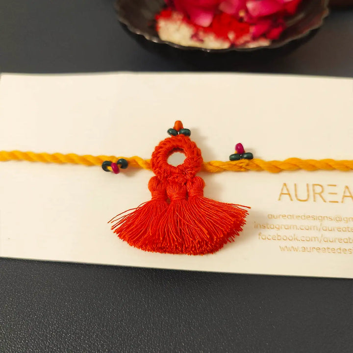 Handmade Mirror Work & Tassels Rakhi With Roli Chawal