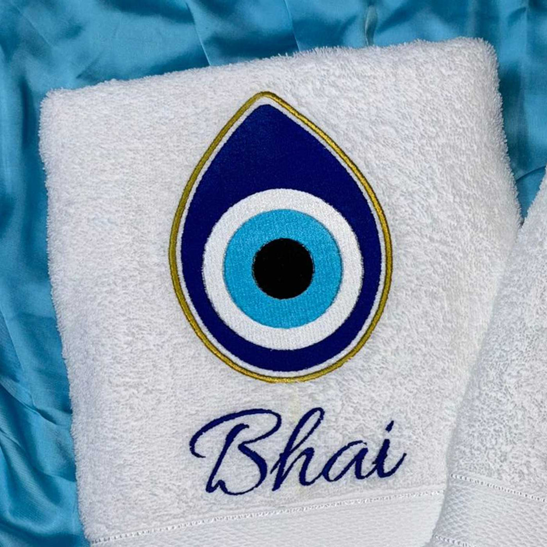 Personalized Embroidered Evil Eye Theme Cotton Bath Towel For Bhaiya And Bhabhi | Set Of 2