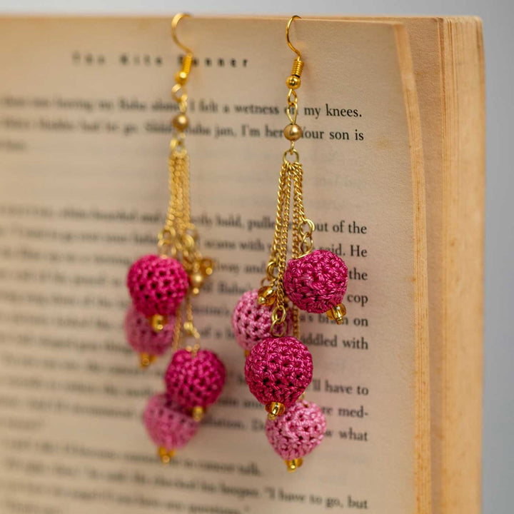 Handmade Crochet Pink Blobs Viscose Thread Swing Earrings