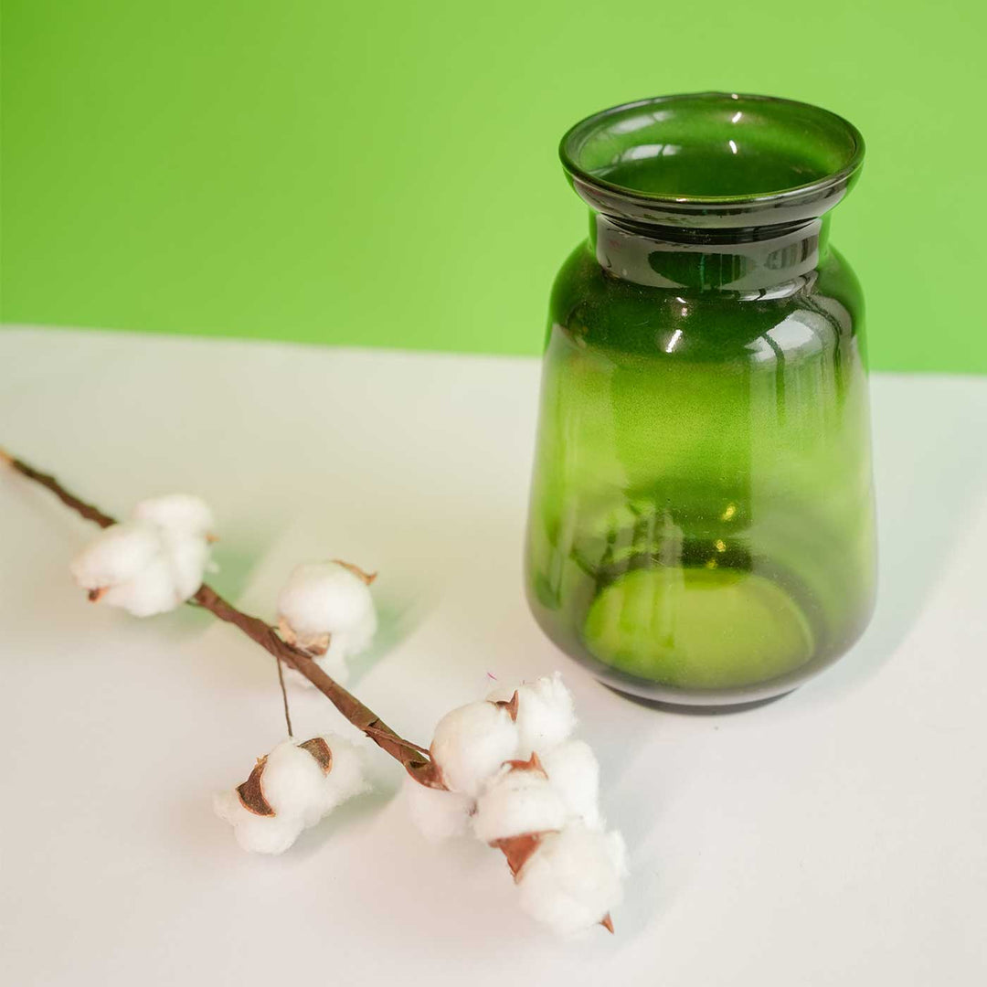 Handmade Emerald Green Glass Vase With Cotton Stem