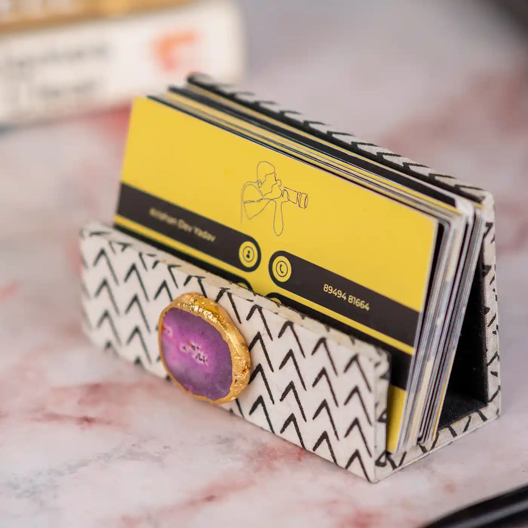 Black And White Cotton Fabric Coated MDF Visiting Card Holder With Agate Accent