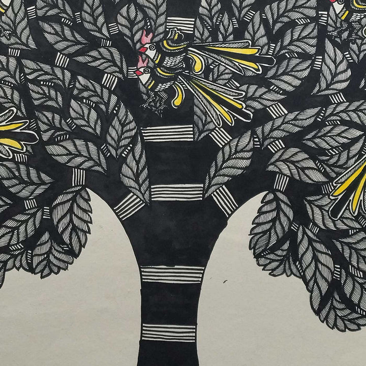 22 x 30 Inch | Birds In Tree | Original Hand Painted Madhubani Painting | Natural Pigments On Paper